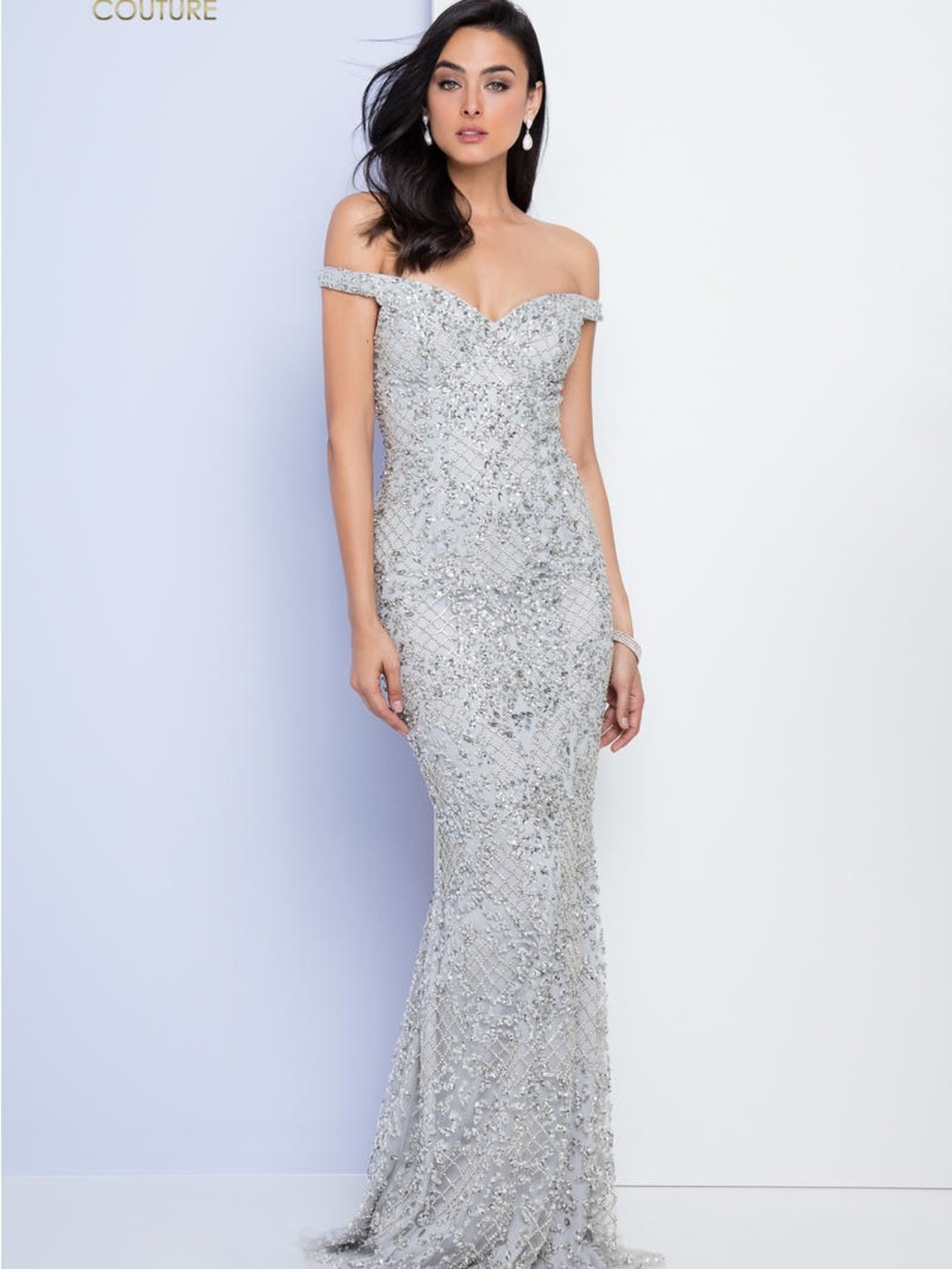Terani Couture Silver One-Shoulder Beaded Evening Gown